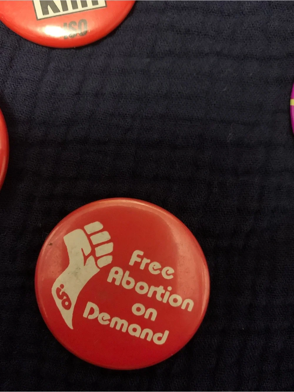 Red workers fist “Free Abortion on Demand” Pin Button - by the leftist grp ISO